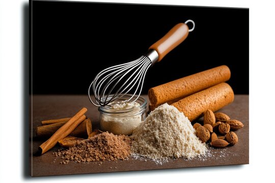 Old-fashioned poster of a whisk and baking ingredients on a counter, with muted tones and classic fonts, capturing retro kitchen vibes