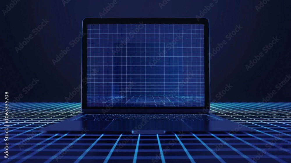 Aufkleber a digital representation of a laptop displaying grid patterns and scan lines, set against an abstrac