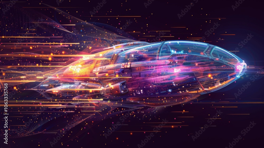 Poster a sleek spaceship zooms through space, illuminated by colorful light trails that create a dynamic vi