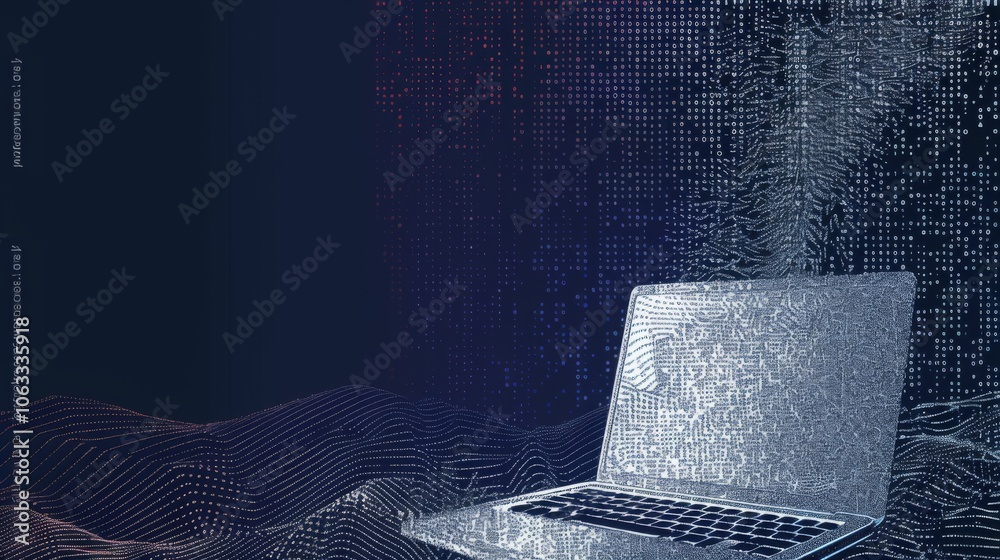 Poster a laptop displays a digital interface while surrounded by abstract wave patterns, emphasizing themes