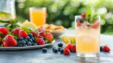 A refreshing summer beverage garnished with berries and mint, accompanied by a platter of assorted fruits on a sunlit table.