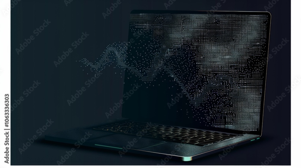 Poster a digital design features a laptop with an illuminated screen, displaying an abstract pattern, evoki