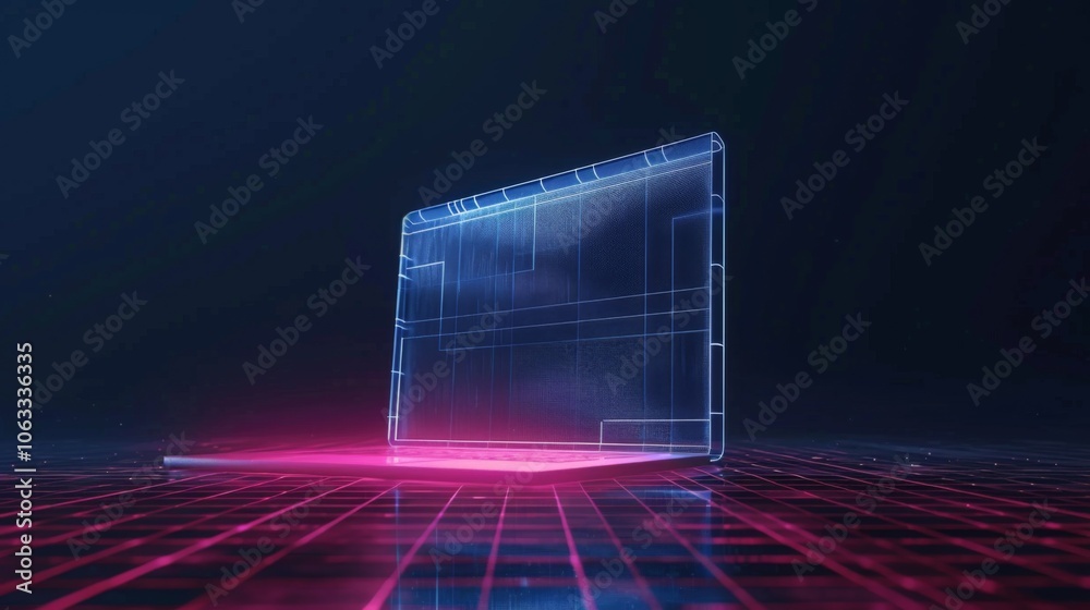 Poster a digital representation of a laptop emerges on a vibrant grid with a tv scan effect, creating a ble