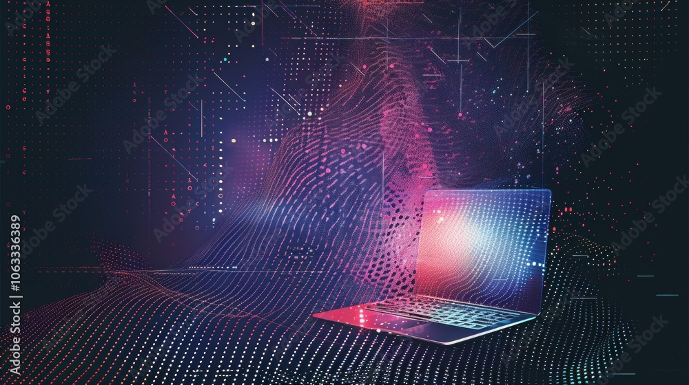 Poster a laptop positioned in a captivating digital environment filled with colorful data patterns and abst