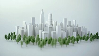 Fototapeta premium Modern Sustainable City, Urban Eco Concept. Miniature White Buildings With Green Trees
