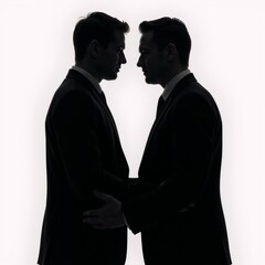 A black-and-white portrait featuring two male figures as silhouettes signifying a loving relationship between them gay representation