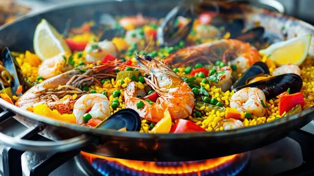 Seafood paella in a large pan with prawns, mussels, and lemon wedges