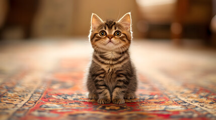 An Elegant Munchkin Cat Sitting Gracefully on a Plush Rug in a Stylishly Artistic Home Interior