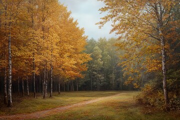 Obraz premium A Tranquil Forest Path Surrounded by Vibrant Autumn Foliage in a Serene Landscape During Early Morning Light