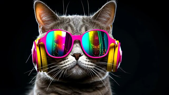 A dancing cat close-up wearing headphones and sunglasses with neon reflections against dark black background. 