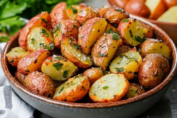 Roasted baby potatoes with herbs and olive oil, served in a rustic bowl with a sprinkle of sea salt