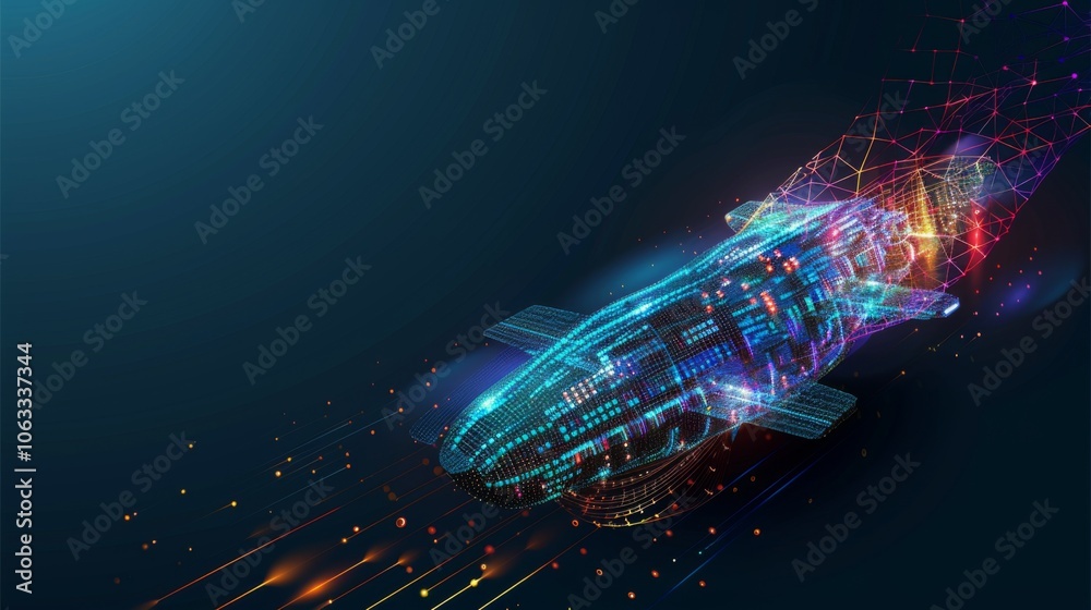 Poster a futuristic spaceship moves through a digital galaxy, illuminated by colorful lights and abstract p