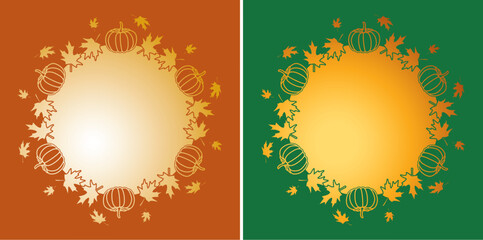 autumn maple leaves and pumpkins. cut out. vector decorative frames on color backgrounds
