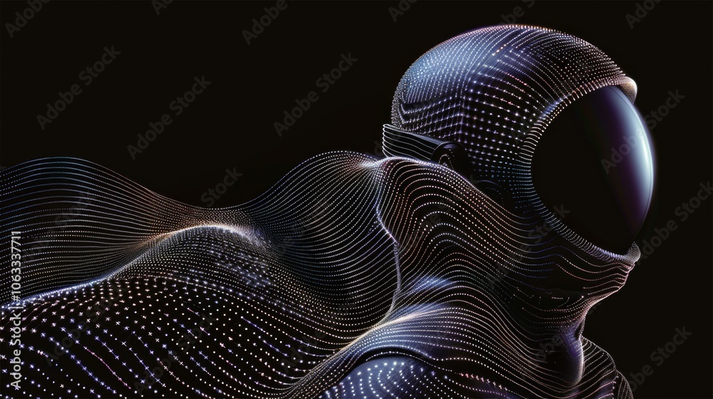 Poster a dynamic and abstract representation of a space helmet, surrounded by intricate, flowing patterns c