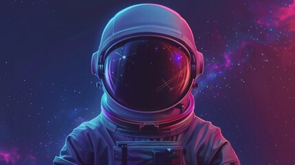This graphic design highlights an astronaut helmet surrounded by a colorful, cosmic backdrop filled with stars and nebulae. Generative AI