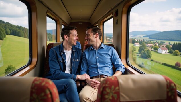 A joyous gay couple embarks on a picturesque train adventure as they travel side by side