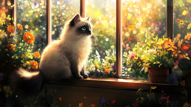 Minskin Cat Observing the Beautiful Garden from the Window