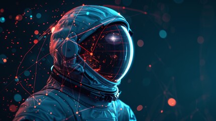 Fototapeta premium This artwork features an astronaut’s head in a close-up view, adorned with colorful abstract graphics that evoke a cosmic ambiance. Generative AI