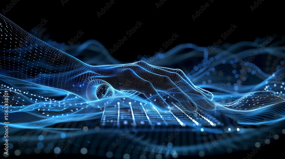 Poster a pair of hands types on a keyboard, surrounded by mesmerizing waves of digital data glowing softly 