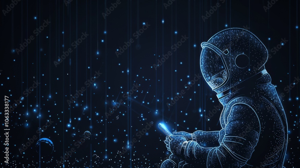 Poster an astronaut sits in the vastness of space, focused on coding as planets and stars surround the tran