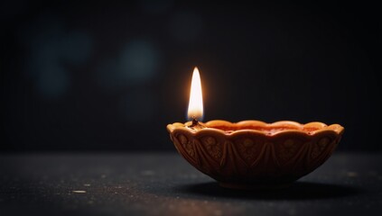 Lit deepavalidiwali-inspired traditional oil lamp against an abstract dark backdrop suitable for Indian holiday greeting cards Loy Krathong