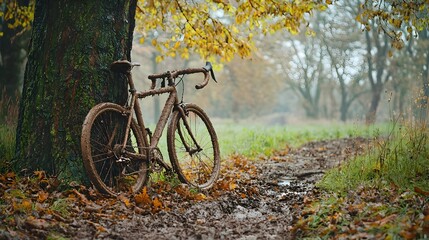 Fototapeta premium Weathered Bicycle Leaning Against Tree in Rustic Autumn Landscape