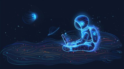 A robot with a glowing outline sits cross-legged in space, typing on a laptop as vibrant planets float in the background. Generative AI
