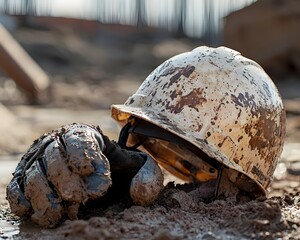 Abandoned Construction Worker s Helmet and Gloves Lying in Muddy Worksite