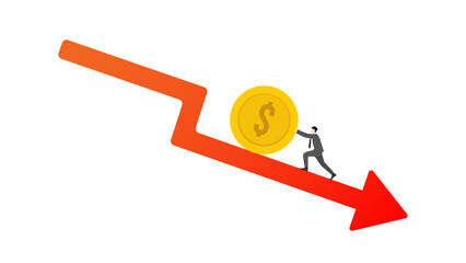 A businessman pushing a big coin upward on a red arrow graph down, minimal and modern style. Concepts of business, financial growth, economic strategy, investment success, and wealth management