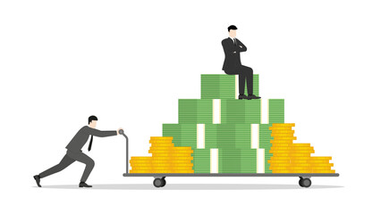 A determined businessman pushing a money trolley with boss sits on top. Financial growth, strategy, and success in investments. An economic ambition and wealth-focused goals for corporate growth