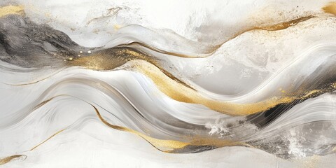 Liquid wave design featuring an abstract style in white and gold tones creates a mesmerizing and elegant visual experience. The essence is all about fluidity and sophistication.