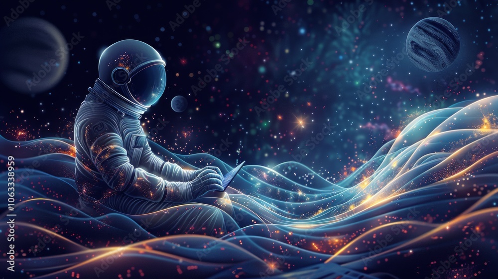 Aufkleber an astronaut explores the cosmos while coding on a computer, surrounded by colorful planets and glow