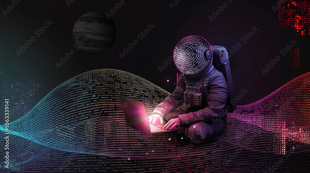 Poster an astronaut sits on vibrant digital waves, focused on coding on a laptop while surrounded by planet