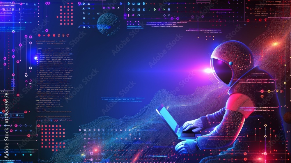 Poster an astronaut is writing code on a laptop in space, immersed in a vibrant cosmic environment with pla