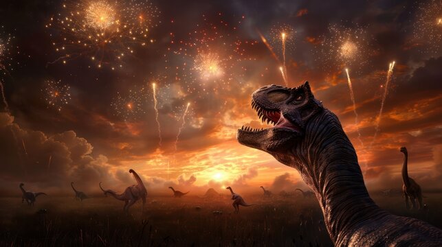 A roaring dinosaur is illuminated by colorful fireworks against a dramatic sunset with other dinosaurs in the background.