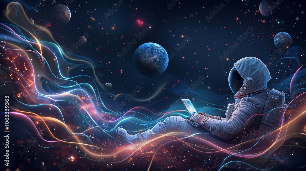 Poster an astronaut peacefully writes code on a computer amidst a backdrop of colorful planets and cosmic e