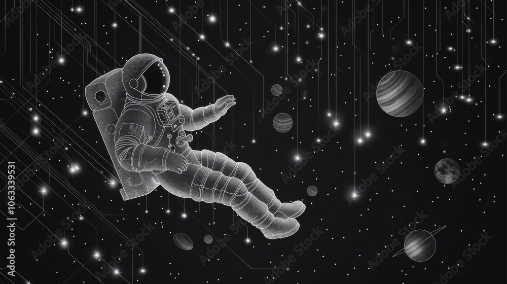 Poster an astronaut is floating in space, writing code while surrounded by various planets and twinkling st