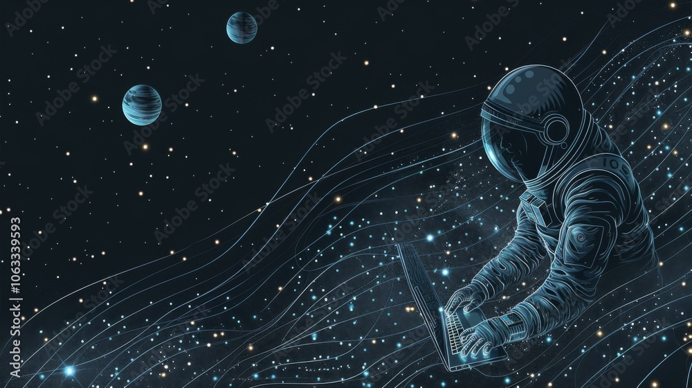Poster an astronaut floats in space, intently writing code on a laptop while surrounded by distant planets 