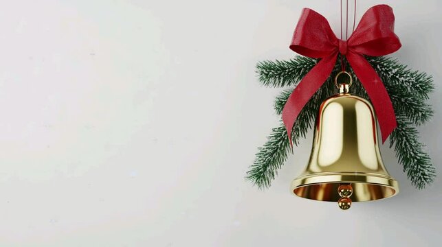 A golden christmas bell with red ribbon and pine leaves, copy space for text, video footage greeting card.