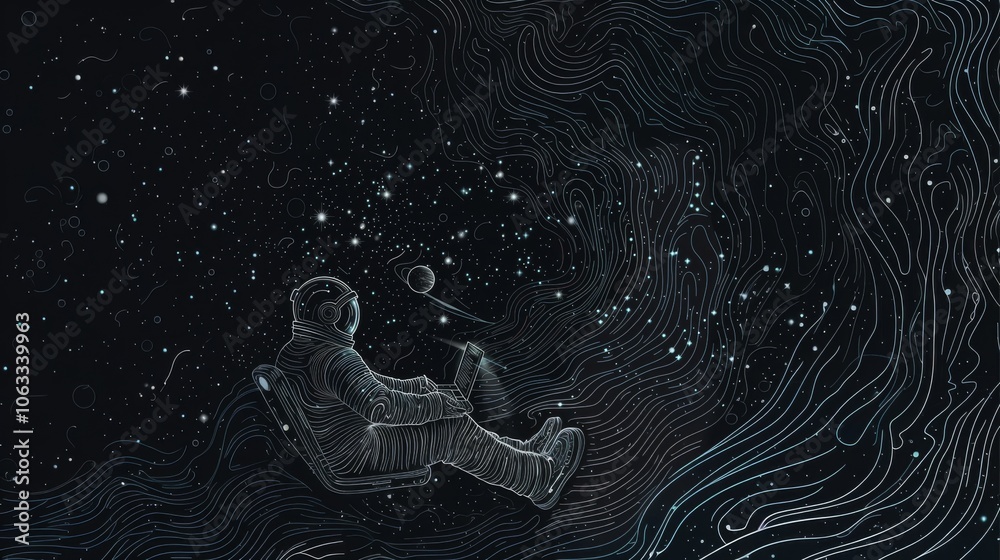 Aufkleber an astronaut floats in space, focused on writing code on a computer, surrounded by planets and celes