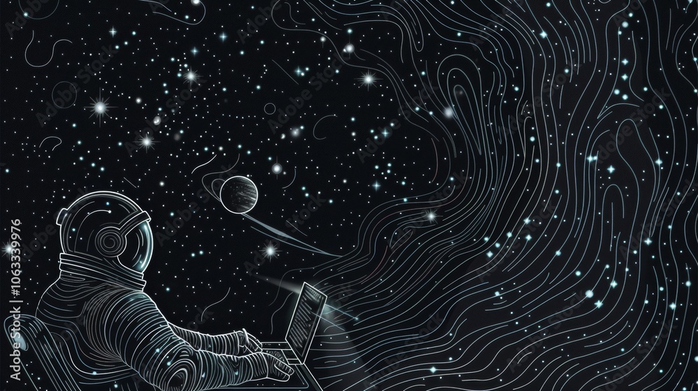 Poster an astronaut types on a laptop in the vastness of space, surrounded by stars and distant planets, im
