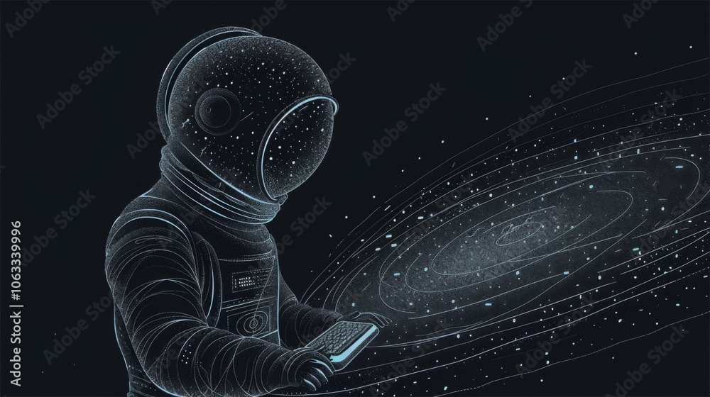 Poster in a vast expanse of space, an astronaut is engaged in writing code on a computer while observing su