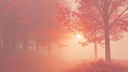 Sunrise concept in misty autumn forest.