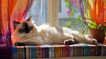 A Serene Moment: A Fluffy Himalayan Cat Relaxing by the Sunny Windowsill Surrounded by Colorful Plants