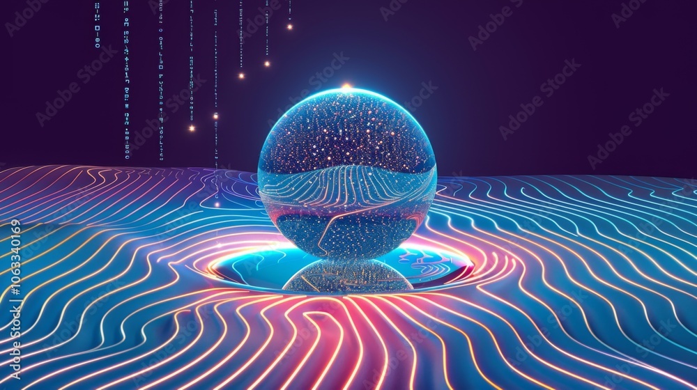 Poster a minimalist computer screen showcases colorful coded planets against a backdrop of swirling waves i
