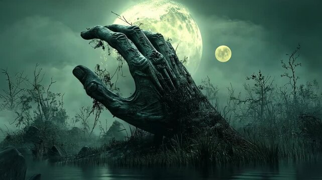 Giant swamp monster hand reaching for the moon