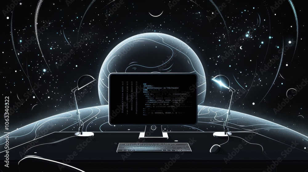 Aufkleber a computer setup showcases coding for space planet simulations, featuring glowing planets and stars 