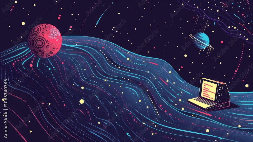 Aufkleber a programmer is working on space-themed software, surrounded by colorful planets and flowing cosmic 