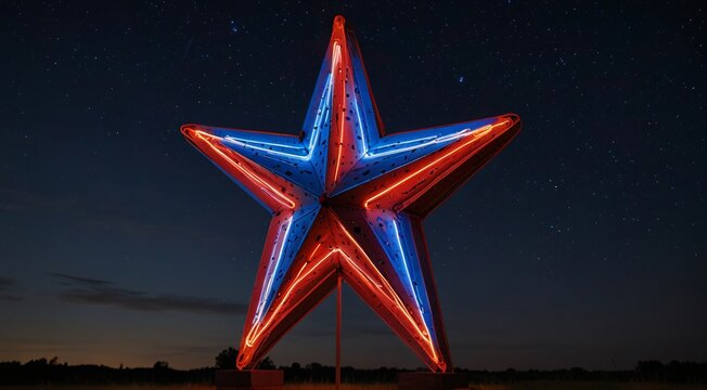 Large Neon Red and Blue Star Sign at Night