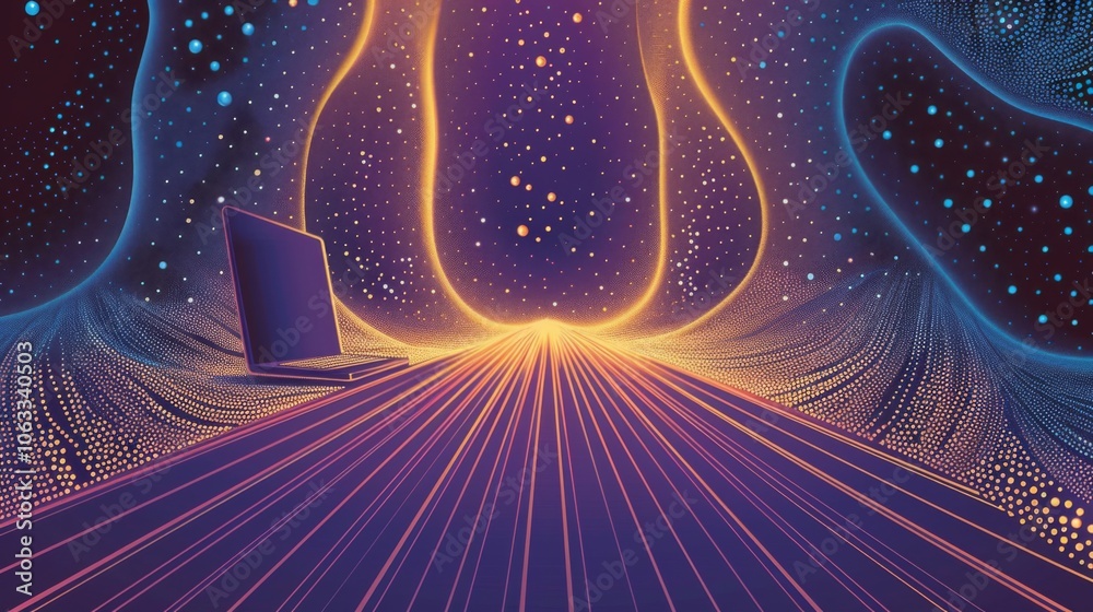 Poster a vibrant digital world showcases planets and coding on a computer, capturing an imaginative blend o